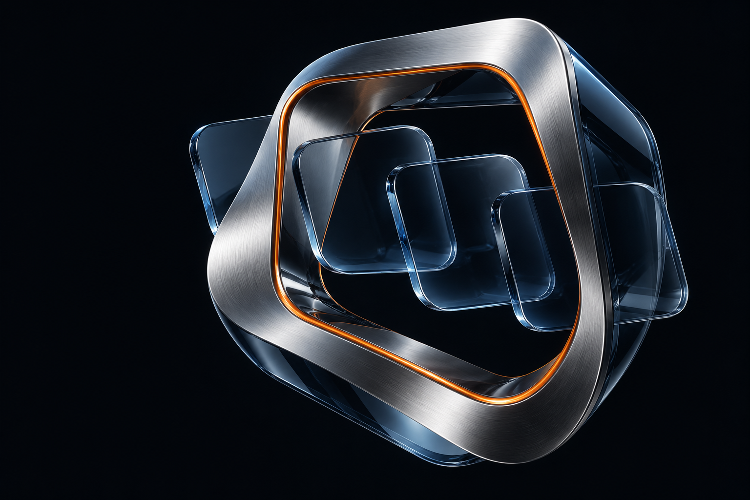 An interconnected sculpture of brushed silver and blue glass with an orange illuminated edge.